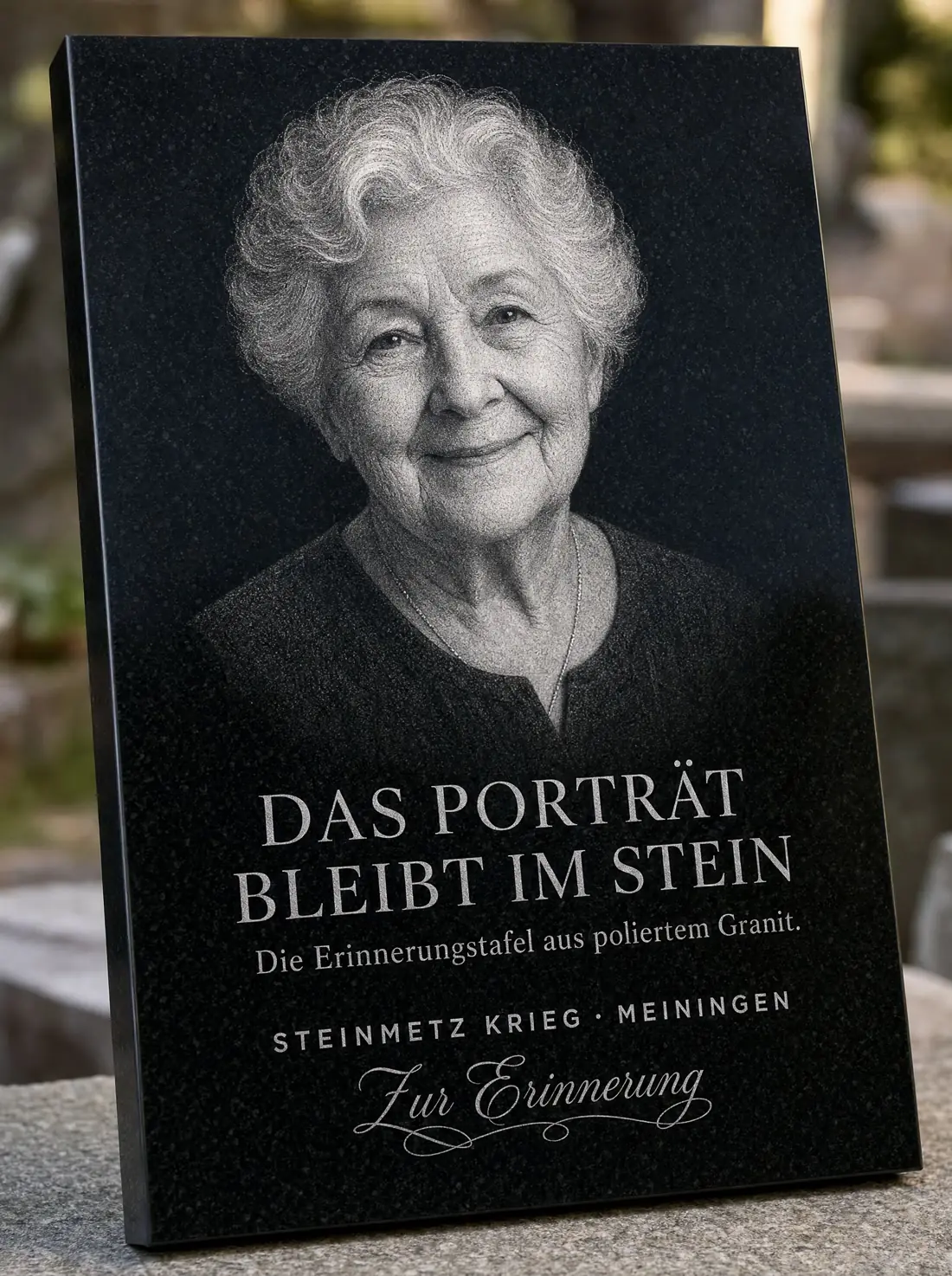 Erinnerungstafel aus schwarzem, poliertem Granit mit dem fotorealistisch gravierten Porträt einer älteren Frau